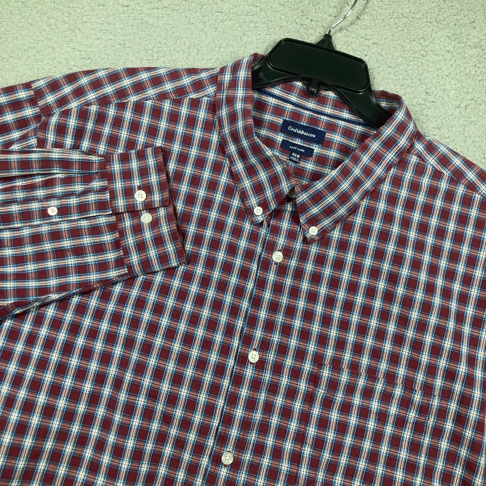 Croft & Barrow Button Down Shirt Men 4XB Burgundy Blue Plaid Easy Care Long Slv